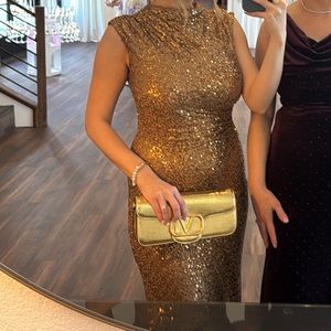 Brown Sequin Embellished Sleeveless Mock Neck Midi Dress
